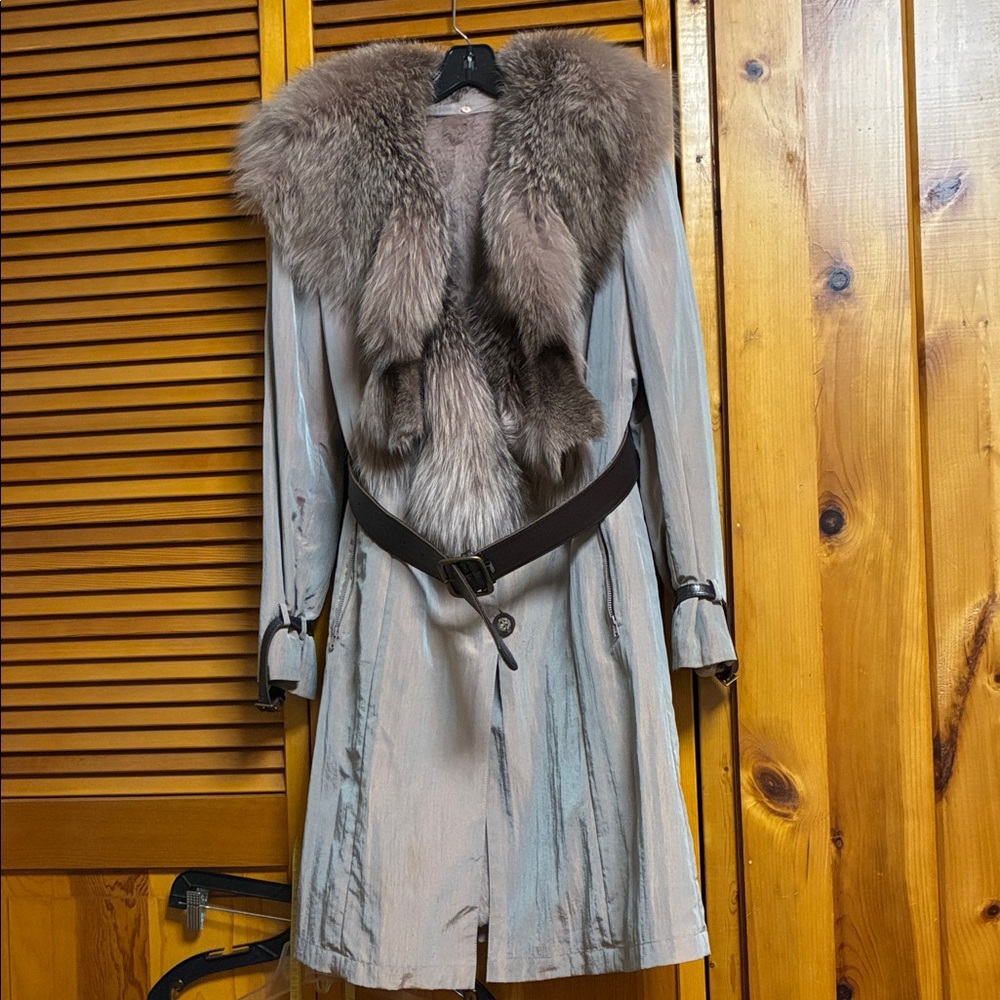Luxurious Fur-Trimmed Tan Trench Coat beautiful coat with real fox collar